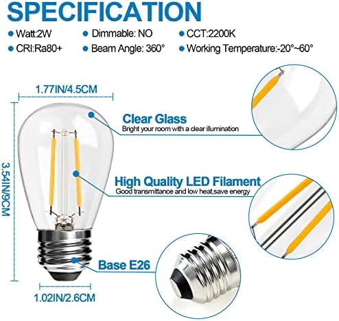 LangPlus+ S14 LED Izzók Kültéri String Lámpák Cseréje, E26 Közepes Csavar Bázis, 2200K Meleg Fehér, Edison